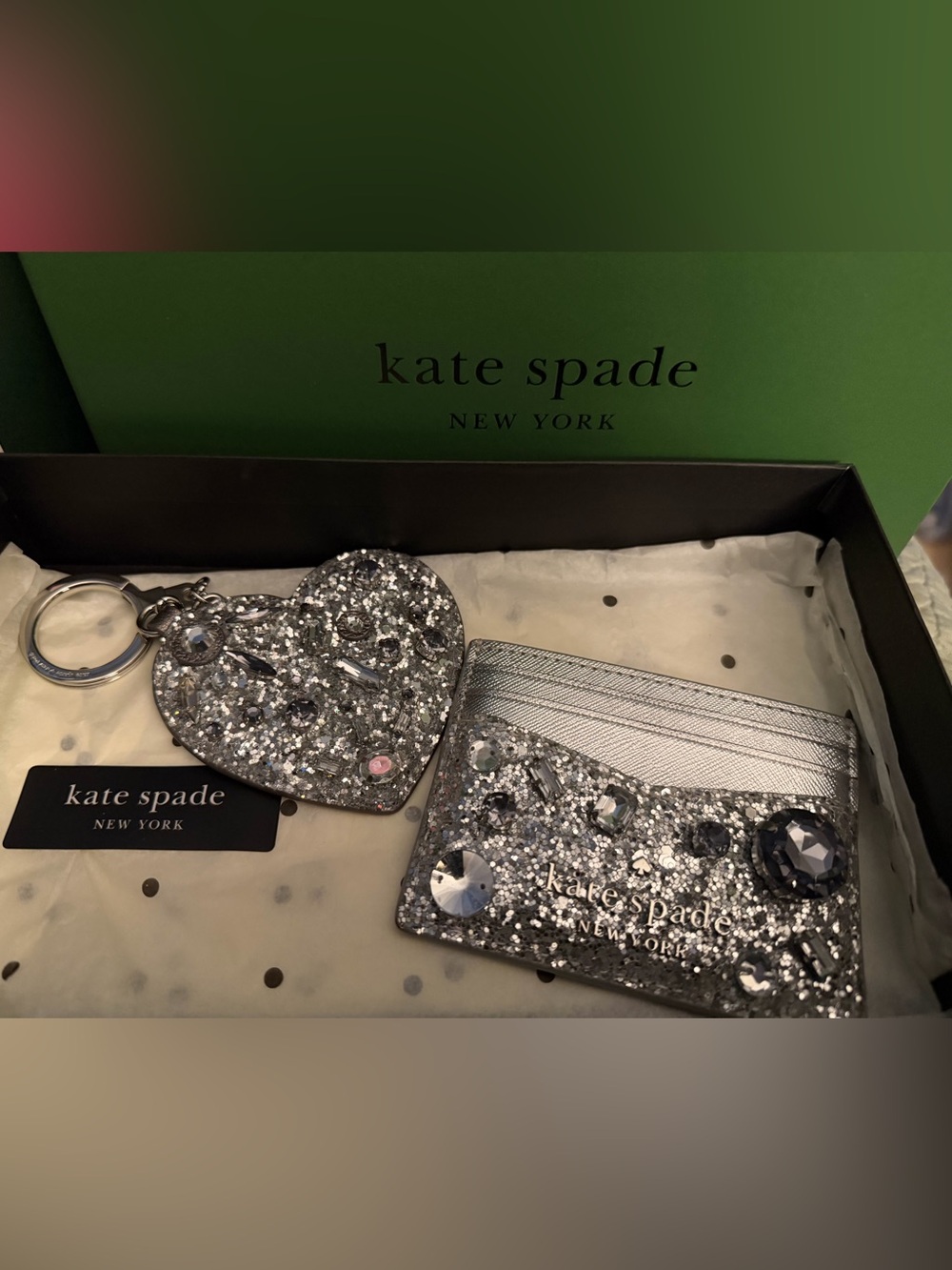 kate spade Silver Glitter Cardholder & Heart Keychain Set